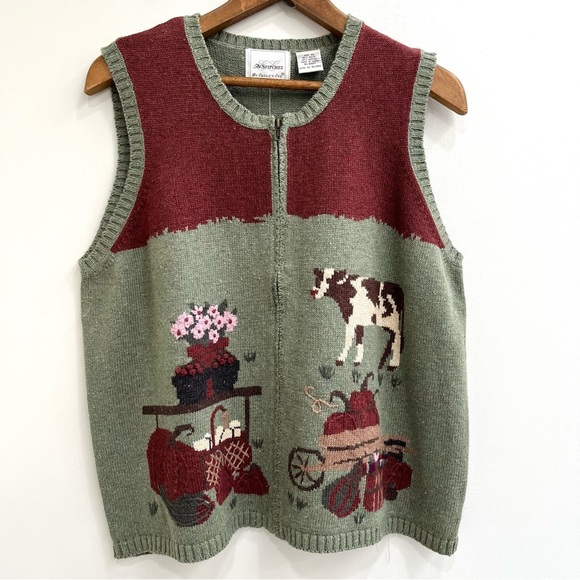 Vintage Sweaters - Vintage dead stock cow farm sweater vest green maroon country primitive novelty